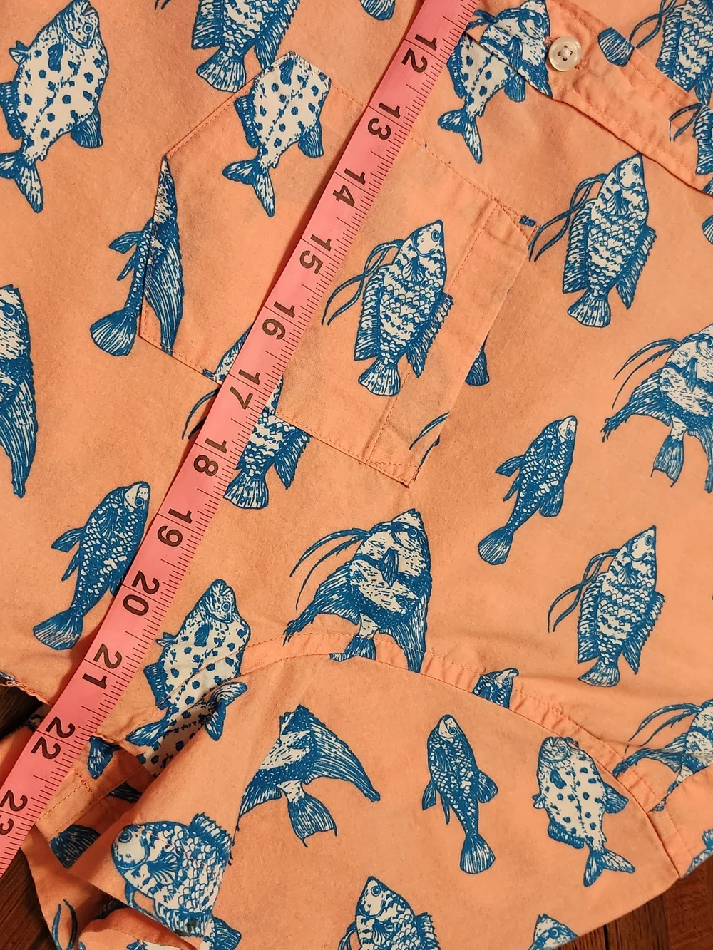 J.CREW Fisherman Orange Blue Fish Print Button-Down Short Sleeve Shirt Size L